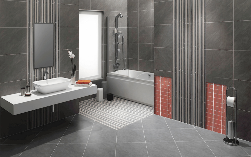 Modernes Badezimmer mit Warmup Fliesen Fußbodenheizung und Wandheizung für effizientes Heizen und Komfort.