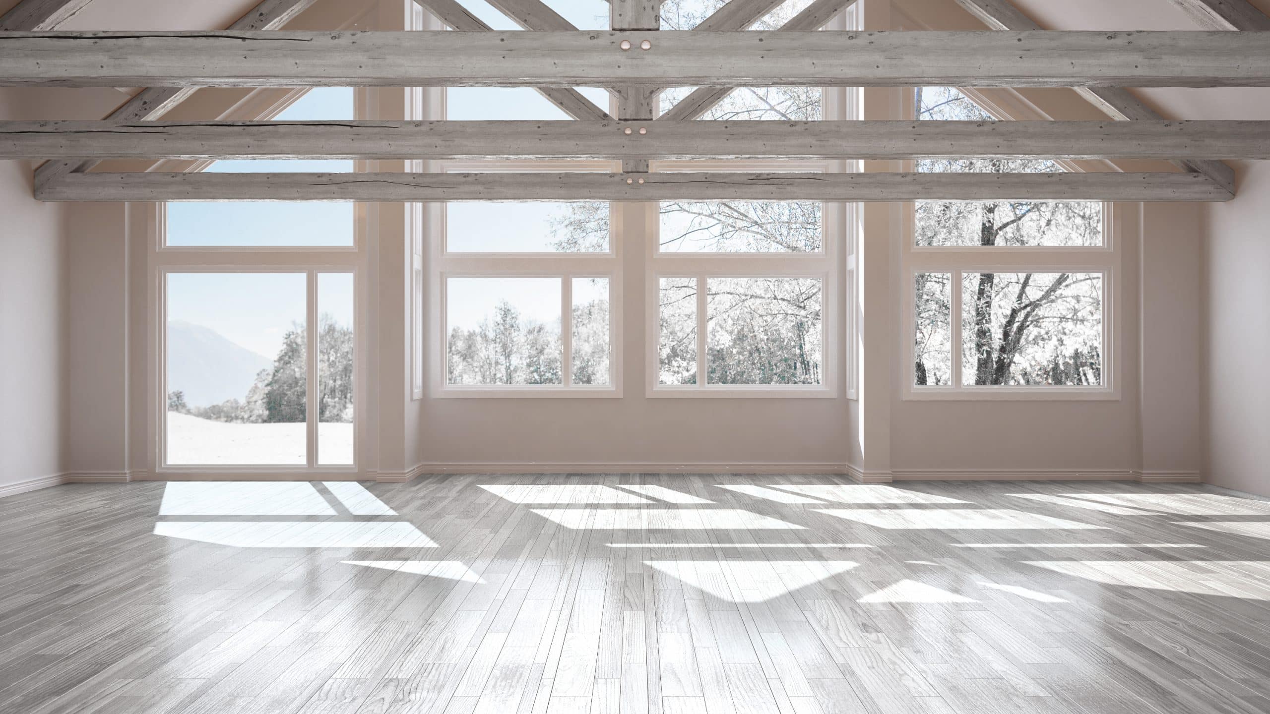 Leeres Zimmer in luxuriösem Ökohaus, Parkettboden und Dachstuhl aus Holz, Panoramafenster auf Winterwiese, moderne weiße Architektur, Innenarchitektur